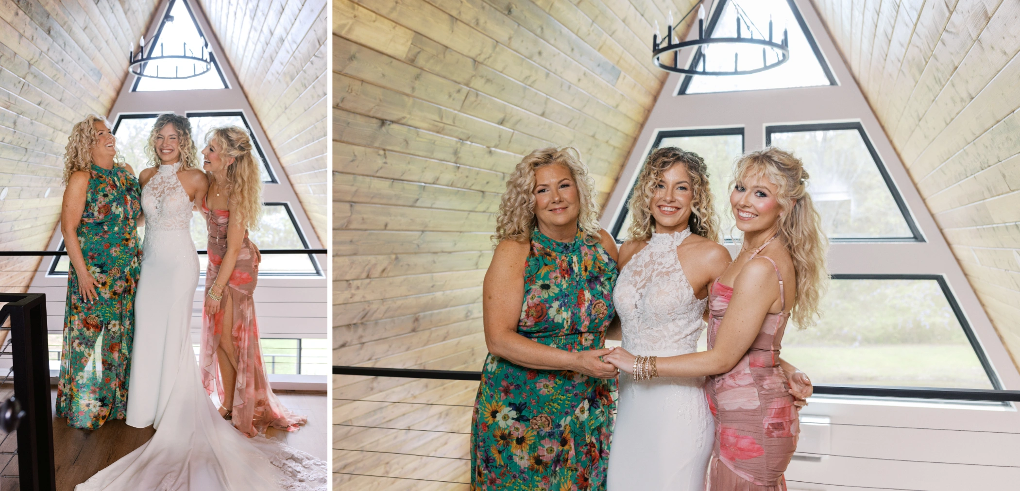 Taylor giggling with her mom and sister in the A-frame loft, and the three posing beneath the chandelier