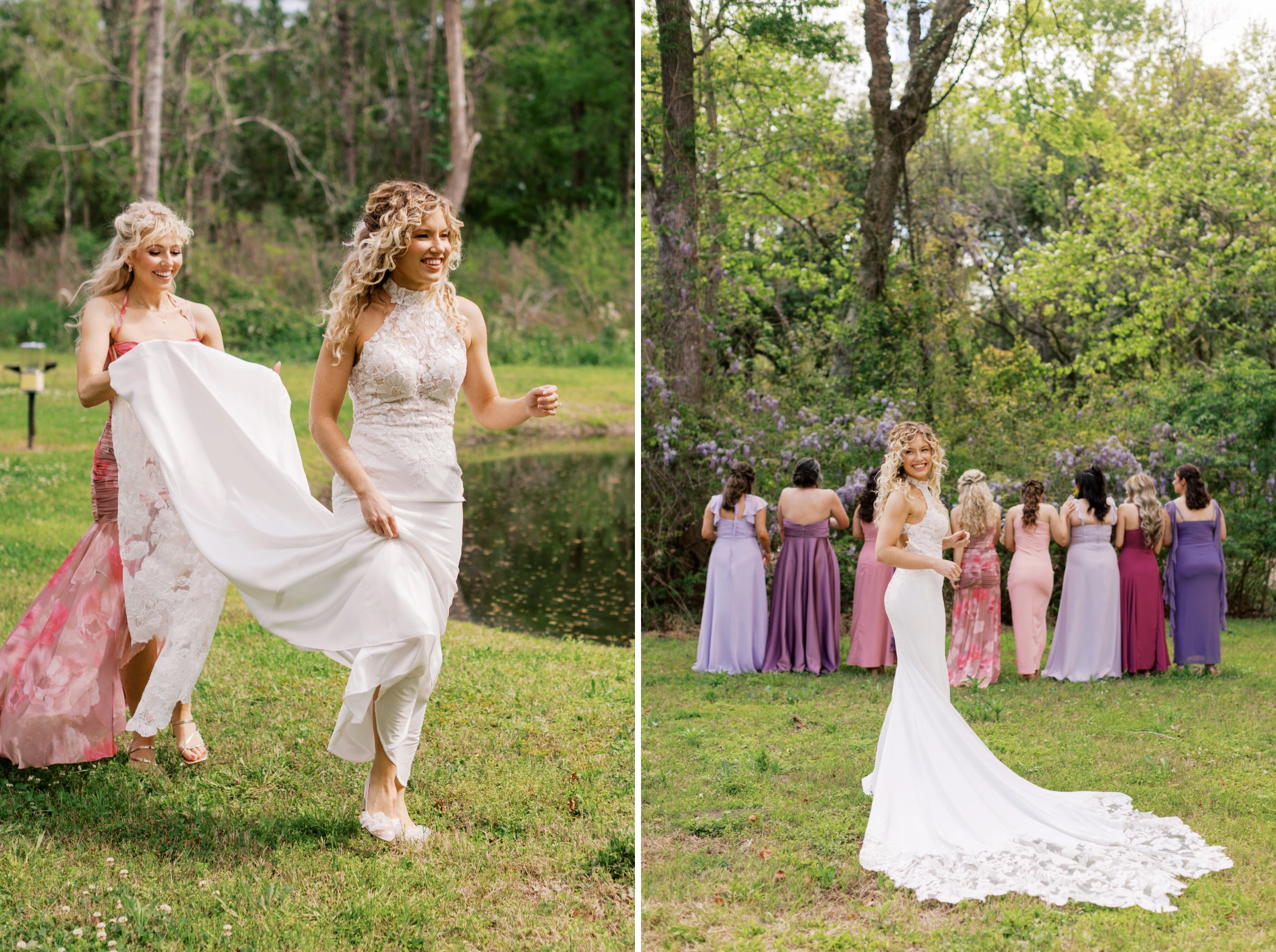 Taylor walking to her bridesmaids reveal past the pond, and the girls lined up with backs turned by blooming wisteria