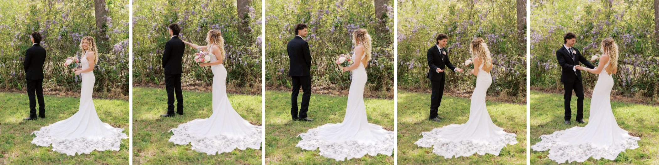 Film strip sequence of Taylor and Zane's first look under the trees before the ceremony