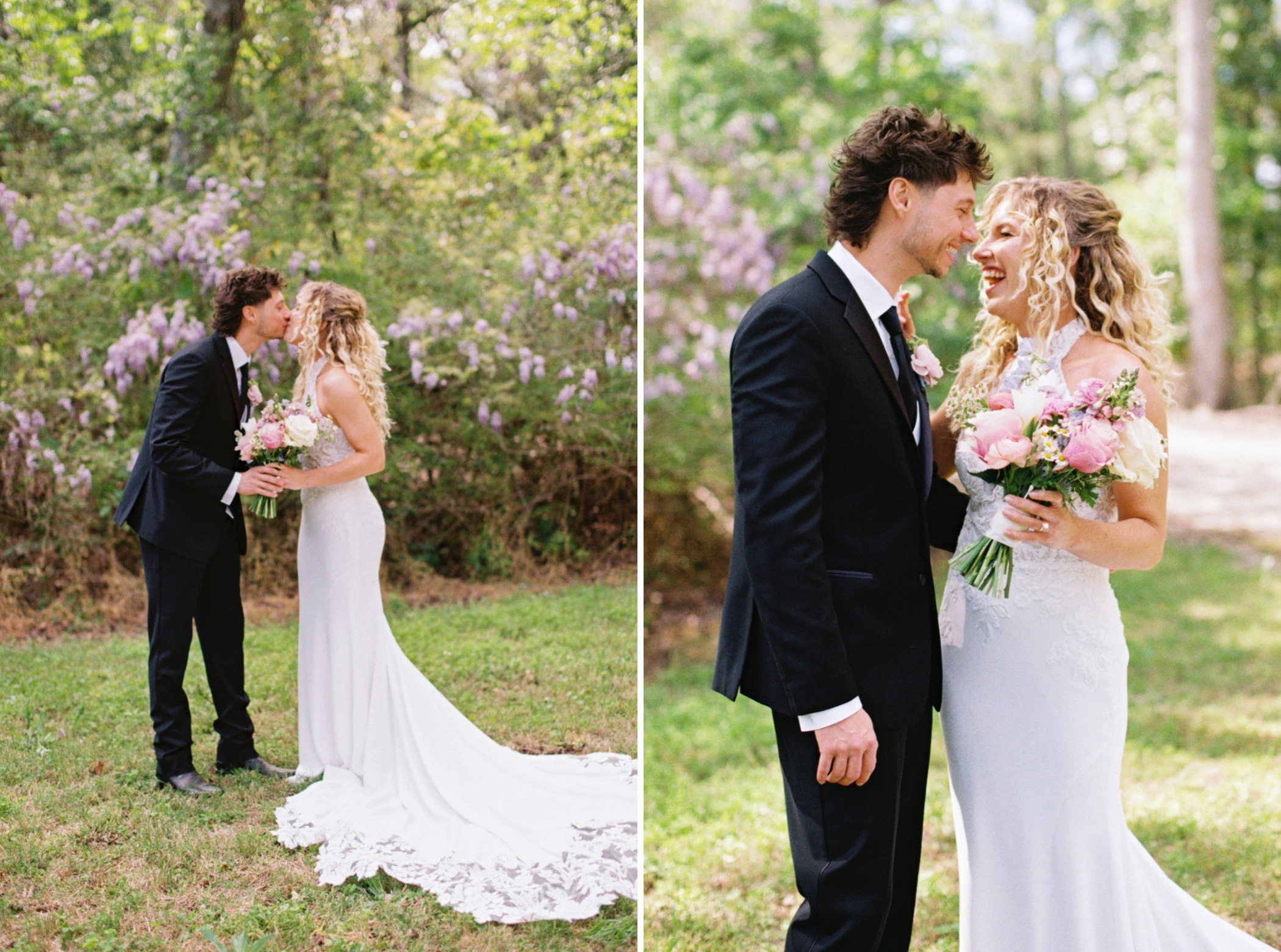 Taylor and Zane kissing by the wisteria, and laughing together with her pink peony bouquet