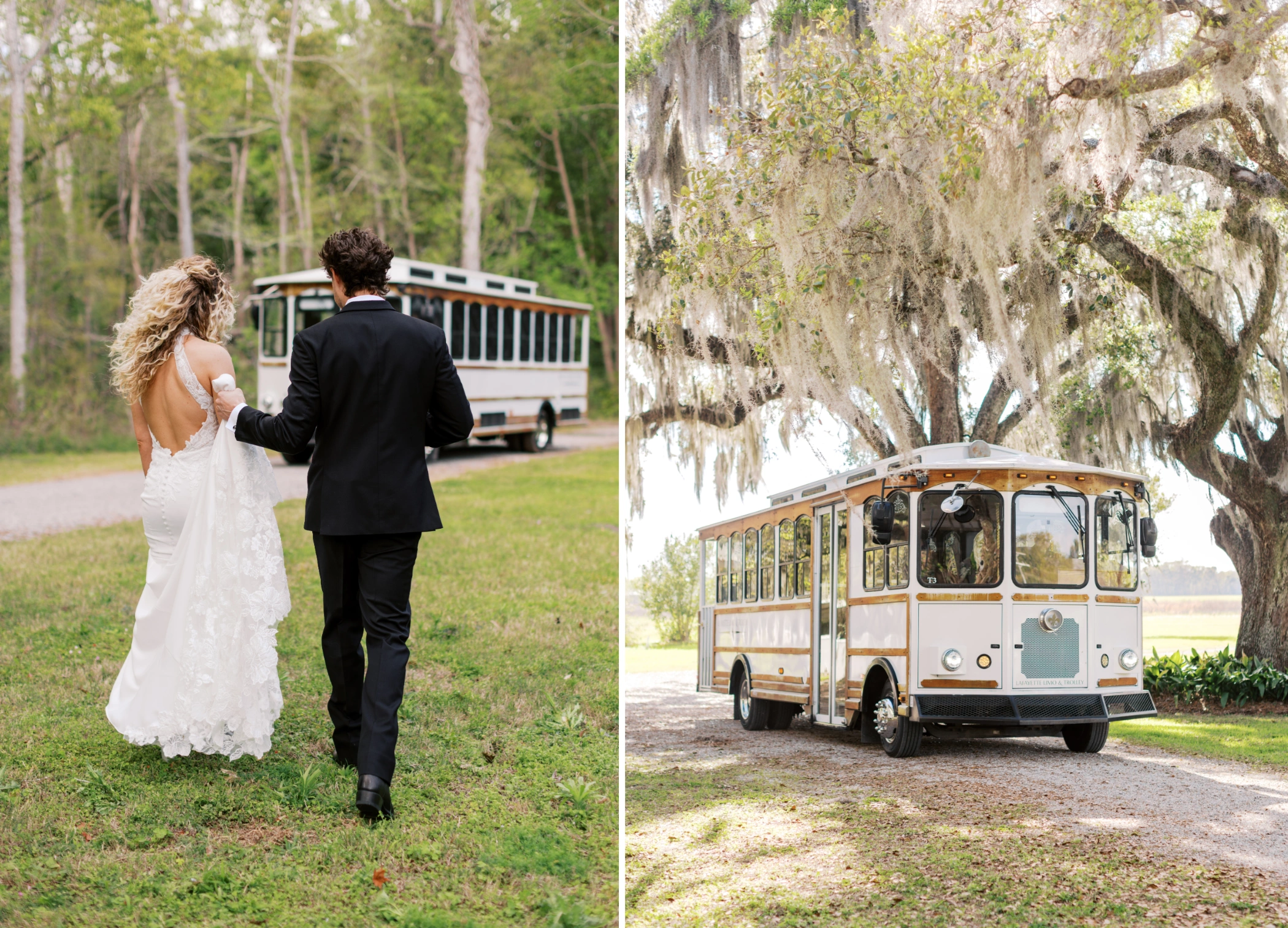 Taylor and Zane walking to the white Lafayette trolley, and the trolley parked under a moss-draped oak