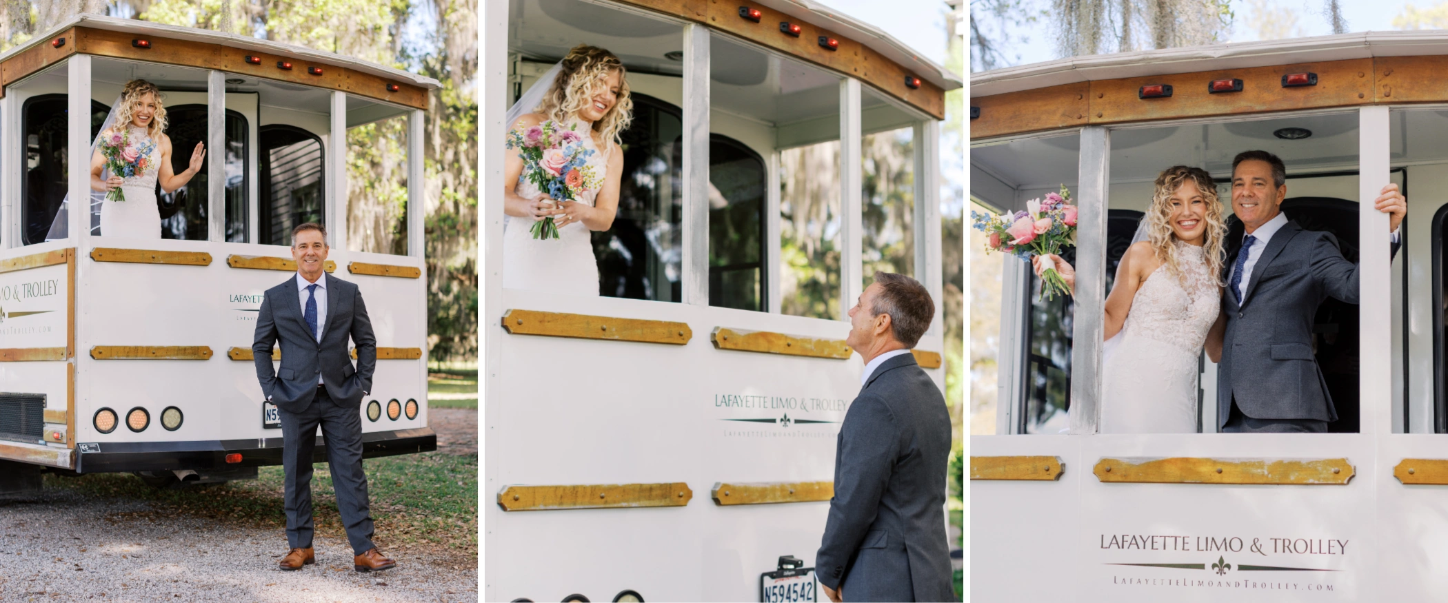 Film strip of Taylor surprising her dad from the back of the trolley for their first look