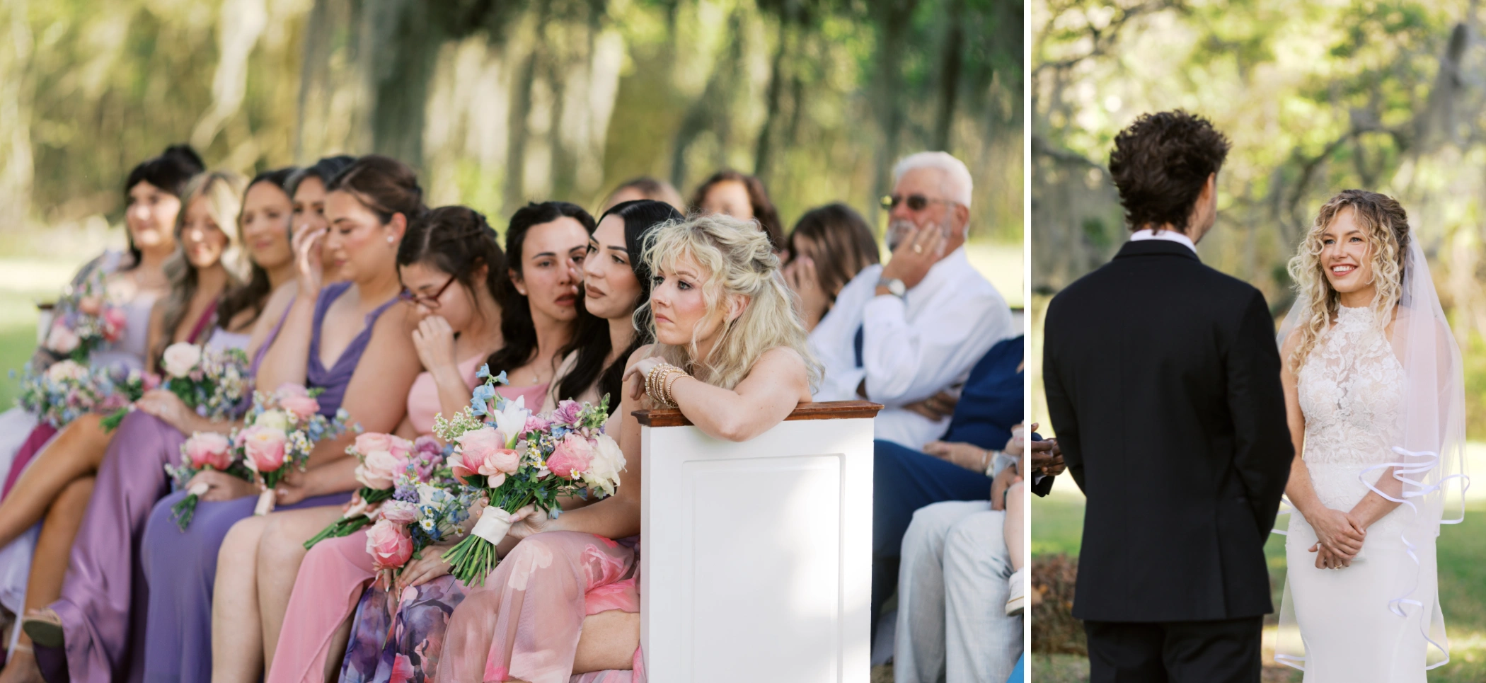 Bridesmaids watching the vows with happy tears, and Taylor smiling at Zane as they hold hands under the oak canopy
