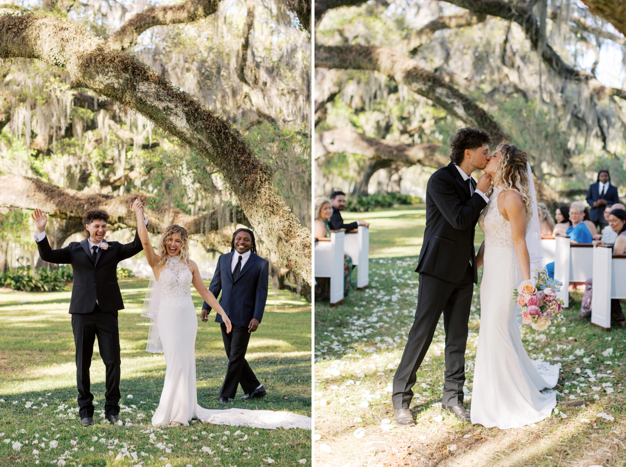 Taylor and Zane celebrating down the petal-covered aisle, and sharing their first kiss as newlyweds under the mossy oaks