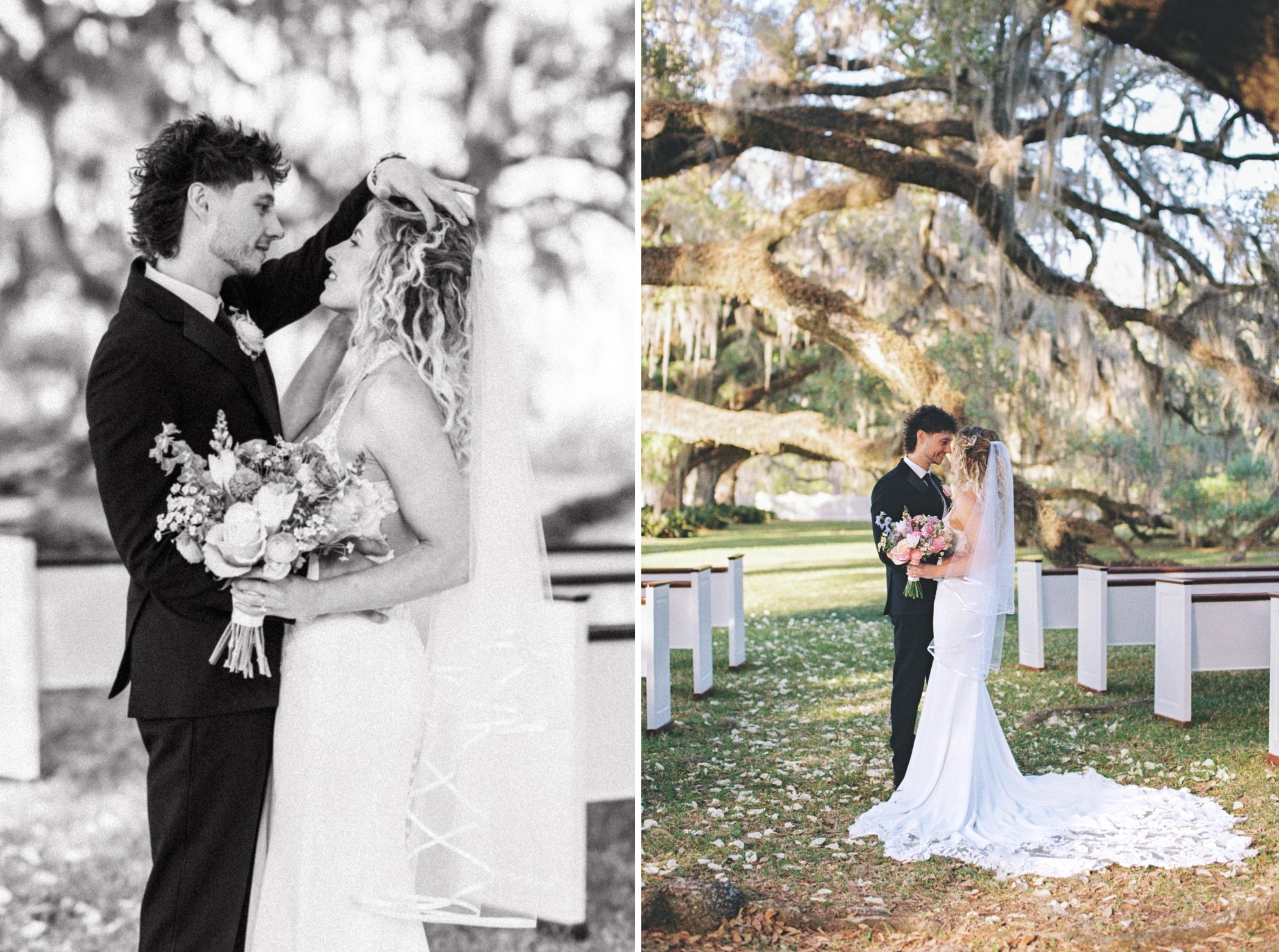 Black and white close-up of Zane and Taylor with her bouquet, and the couple nose to nose beside the ceremony pews
