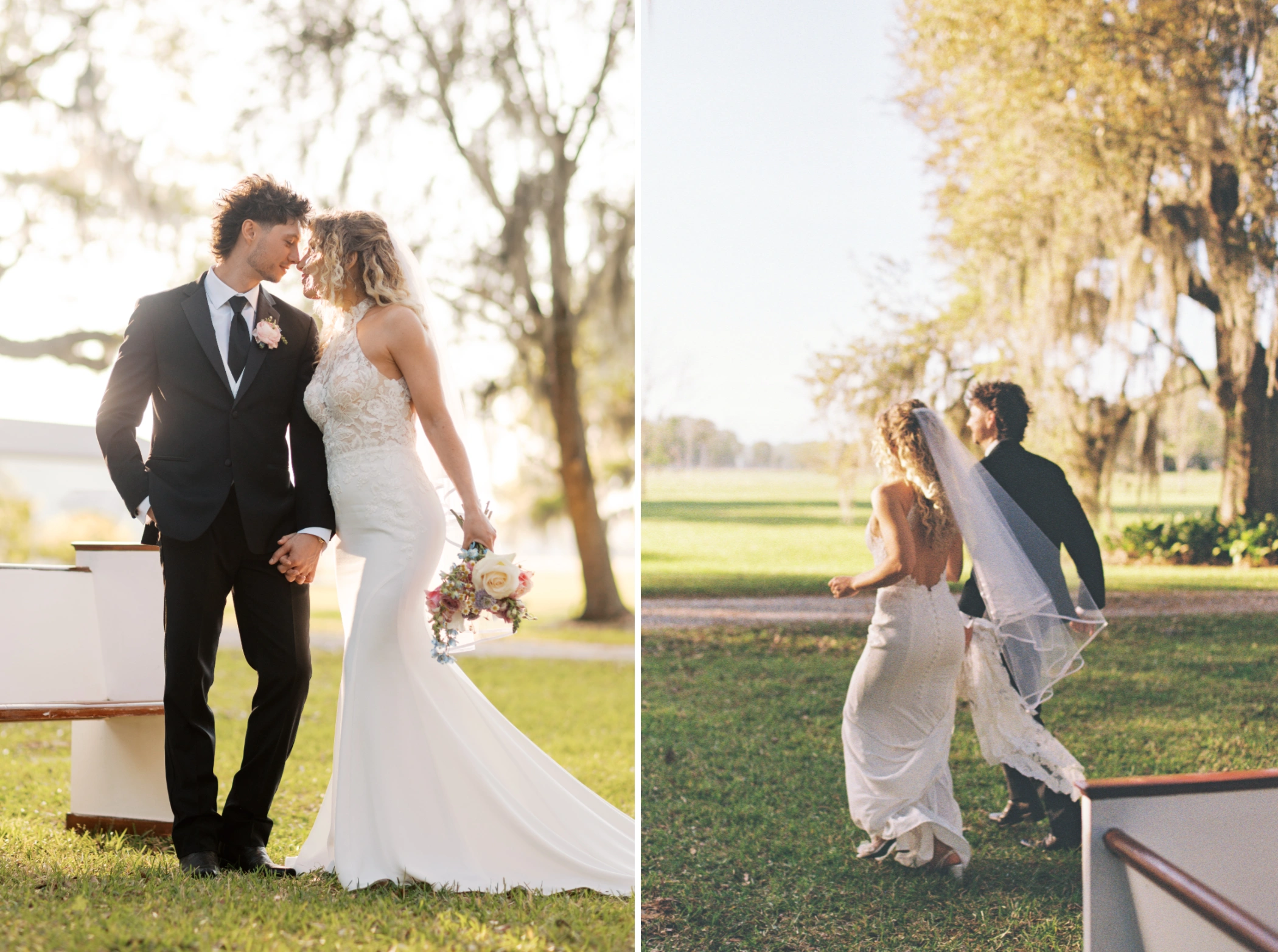 Taylor and Zane touching foreheads at golden hour, and walking down the oak-lined path in warm evening light