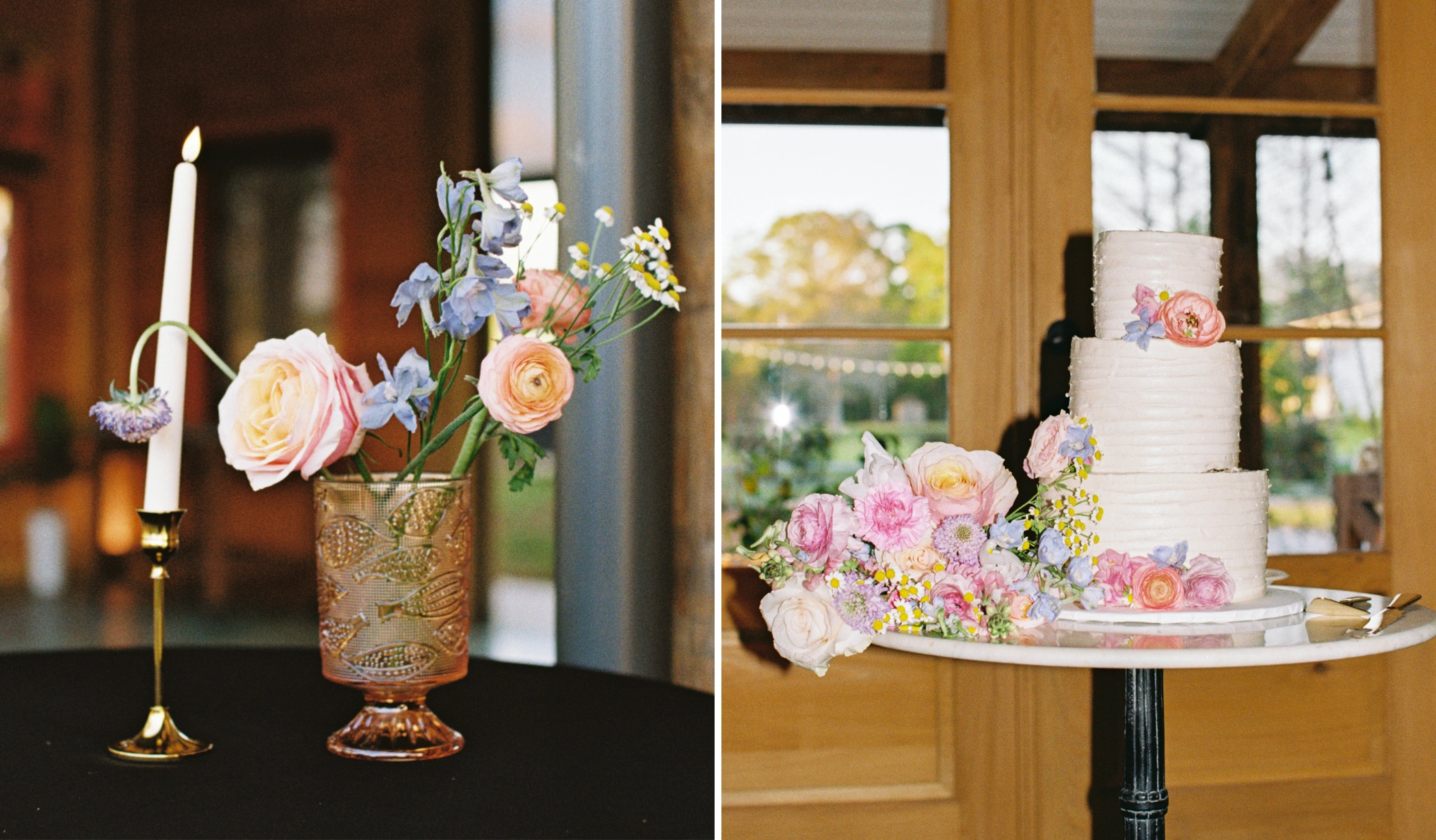 Garden party wedding reception details at Cafe Detente Youngsville with Root Floral arrangements