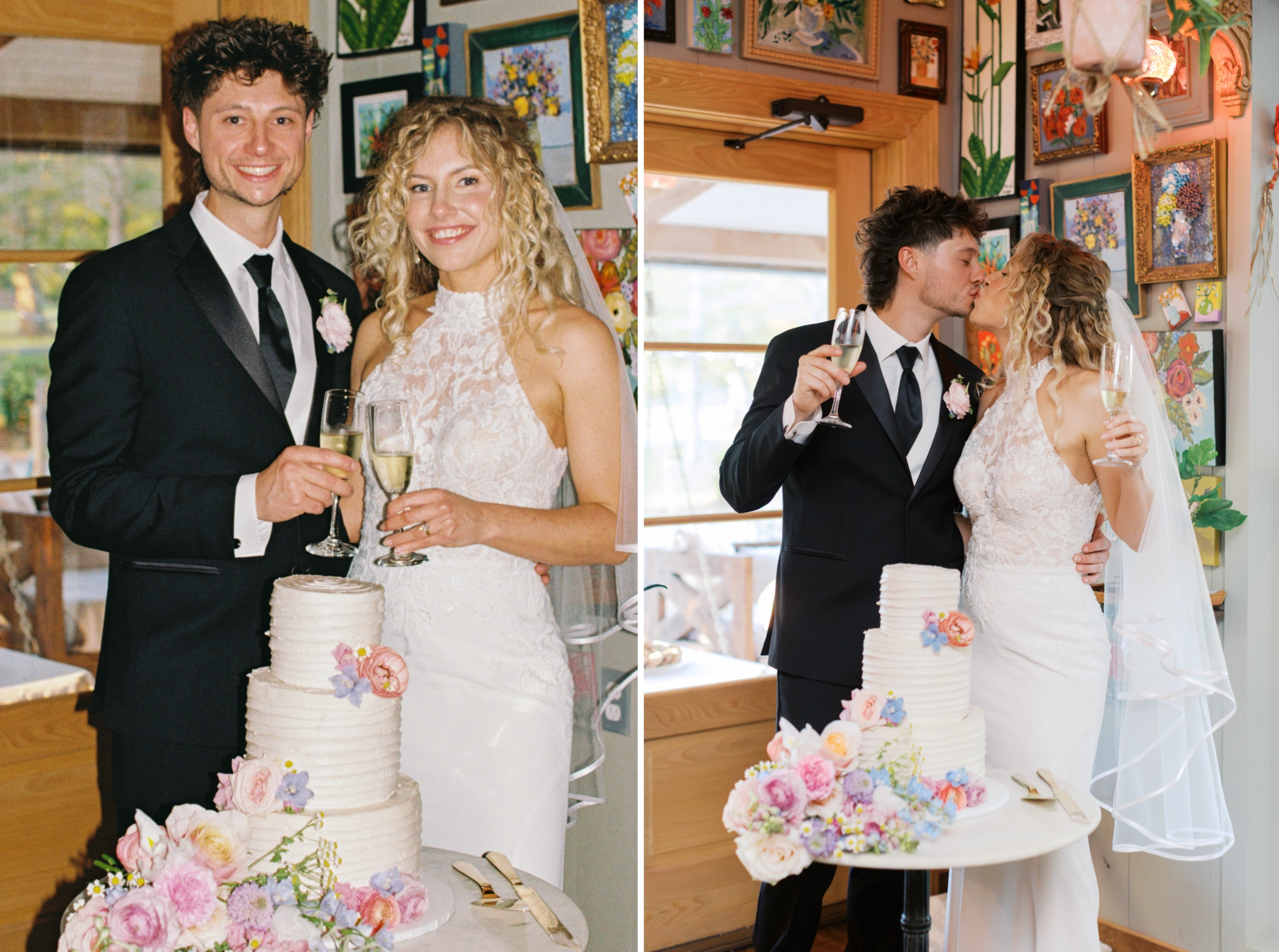 Taylor and Zane toasting champagne behind their flower-topped wedding cake, and kissing inside Cafe Detente