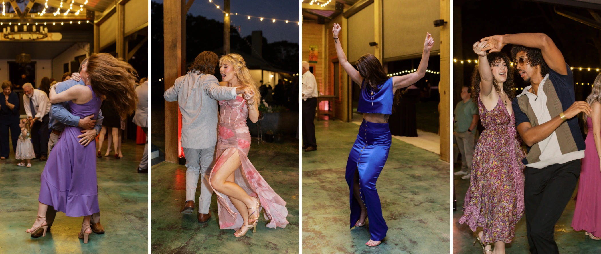 Guests dancing under string lights at the Veiller Pavilion, from twirls to hair flips on the dance floor