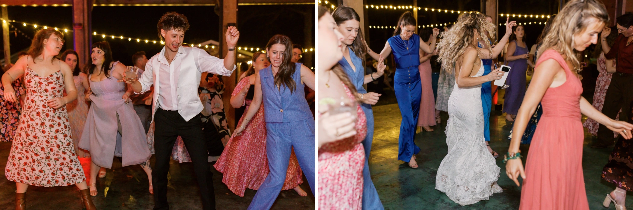 Wedding guests cutting loose on the dance floor, and Taylor dancing in the crowd under string lights
