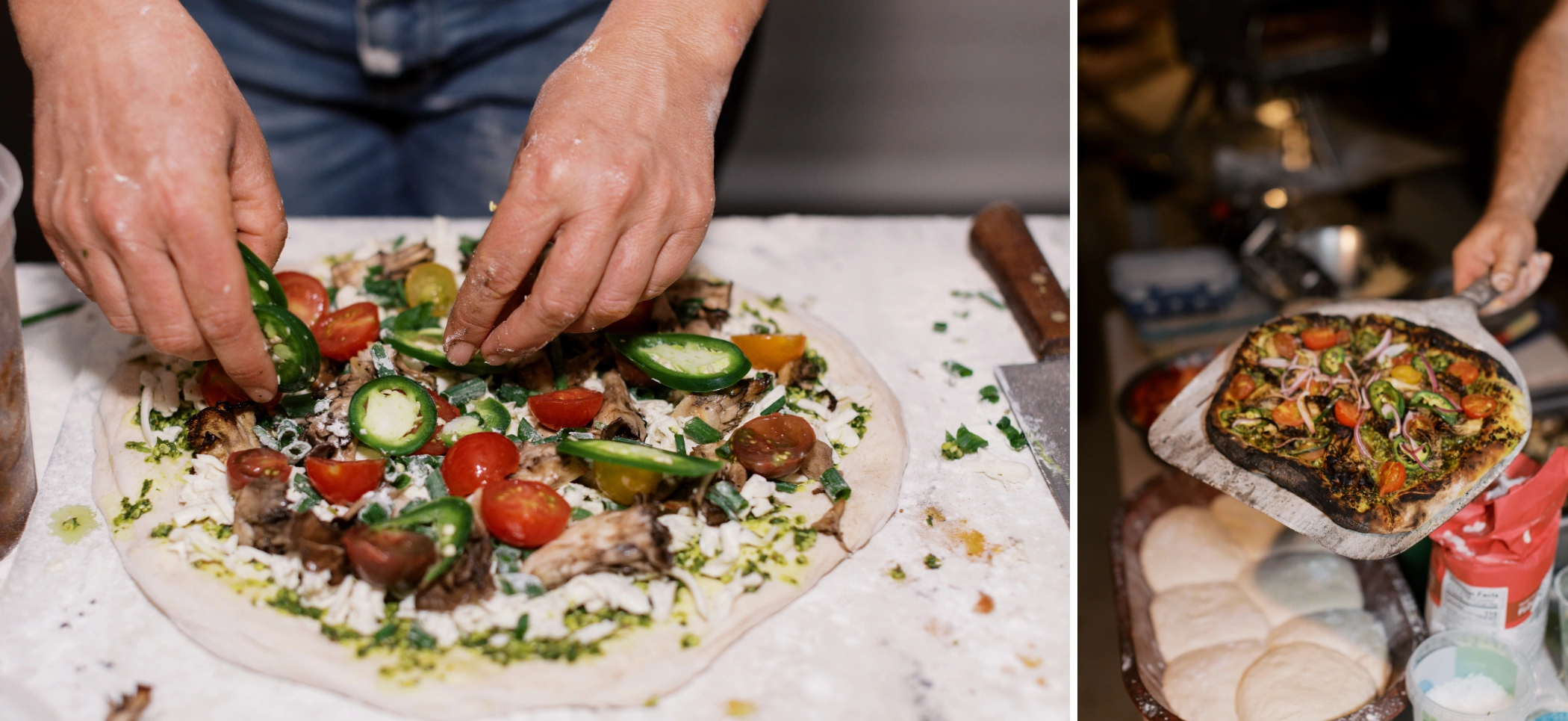 Fresh homemade pizza being topped with jalapenos and tomatoes, and a late-night pie straight from the oven