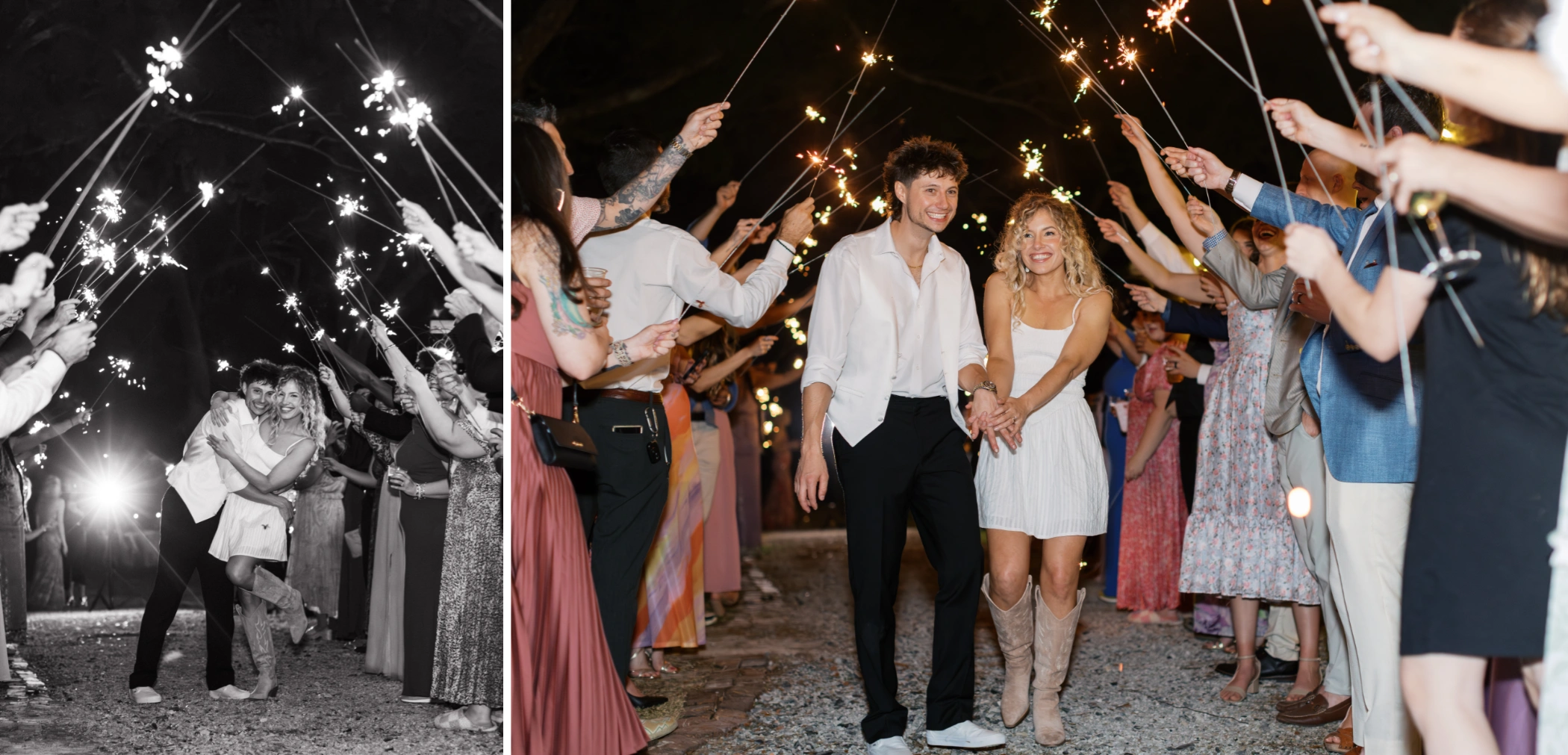Black and white kiss under the sparkler arch, and Taylor and Zane grinning through their sparkler exit at Cafe Detente